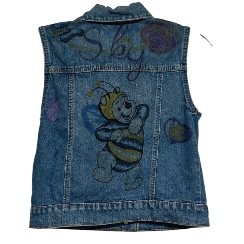 Old Navy Denim Vest Kids Blue Upcycle Painted Winnie the Pooh Honeybee Sky 14
